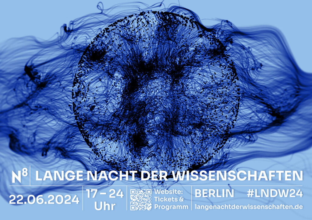 A promotional image for the event "Lange Nacht der Wissenschaften" (Long Night of Sciences) in Berlin. The background is light blue with a dark blue abstract design in the center. The text includes the event date (22.06.2024) and time (17-24 Uhr), along with a QR code and hashtags (#LNDW24).