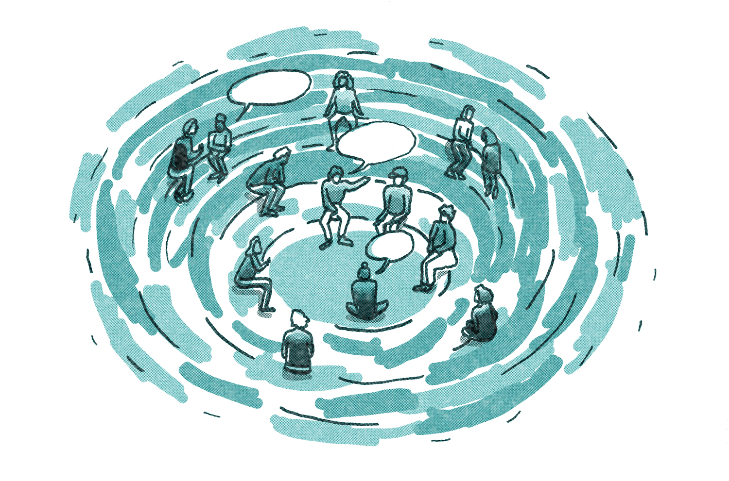 Illustration of a group of people seated in a circular formation. They are engaging in a discussion, with speech bubbles above their heads, depicted in various shades of teal, giving the impression of a collaborative or community meeting.