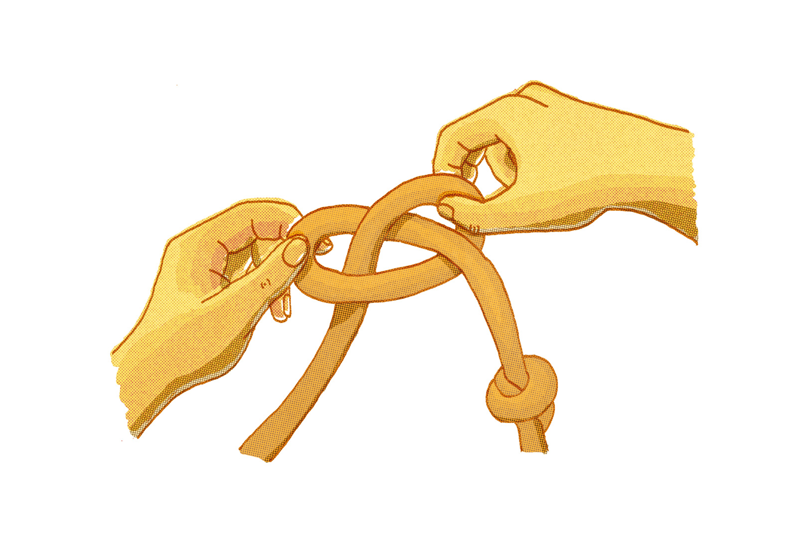 Illustration von zwei Händen, die einen Knoten in einem Seil lösen. Das Seil ist geschlungen und in der Mitte gekreuzt, wobei die Enden von den Händen durchgezogen werden. Ein Ende des Seils ist mit einem einfachen Überhandknoten versehen. Die Hände sind so positioniert, dass sie den Bindungsvorgang abschließen.