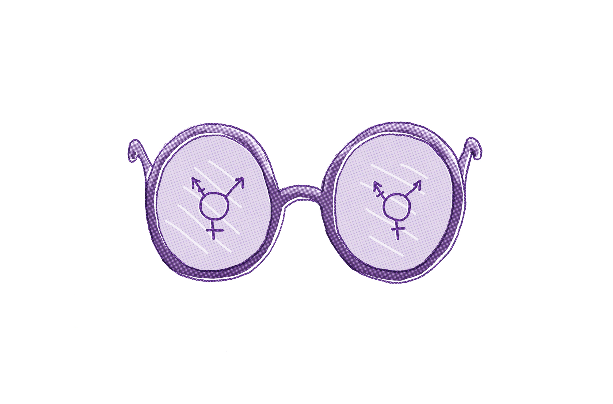 Lenslerinde cinsiyet sembolleri bulunan bir çift mor gözlük resmi. Sol camda birleşik bir erkek ve kadın sembolü bulunurken, sağ camda benzer ancak biraz farklı birleşik bir cinsiyet sembolü bulunmaktadır.