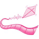 Illustration of a pink kite flying with a tail resembling a film strip. The kite's string is depicted with wavy lines, indicating movement or a signal transmission.