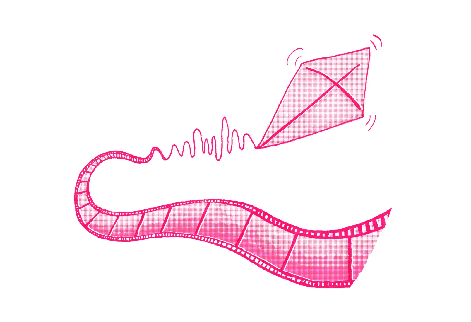 Illustration of a pink kite flying with a tail resembling a film strip. The kite's string is depicted with wavy lines, indicating movement or a signal transmission.