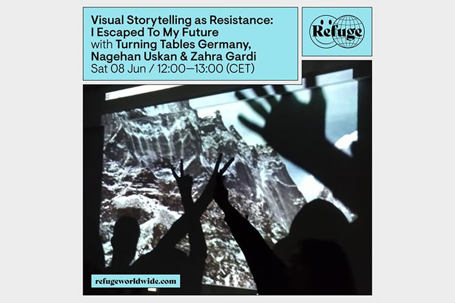 A screenshot of a SoundCloud audio track titled "Visual Storytelling as Resistance: I Escaped To My Future - 08 Jun 2024" by Refuge Worldwide. The track is one hour long, as indicated by a timestamp on the audio waveform at the bottom of the image. The audio waveform shows the sound intensity throughout the track. On the right side, there is a smaller image within the screenshot, featuring promotional content for the event. It shows a blurred background with hands raised in front of a projected image. The text in this section reads: "Visual Storytelling as Resistance: I Escaped To My Future with Turning Tables Germany, Nagehan Uskan & Zahra Gardi, Sat 08 Jun / 12:00-13:00 (CET)." The Refuge Worldwide logo is displayed in the top right corner.