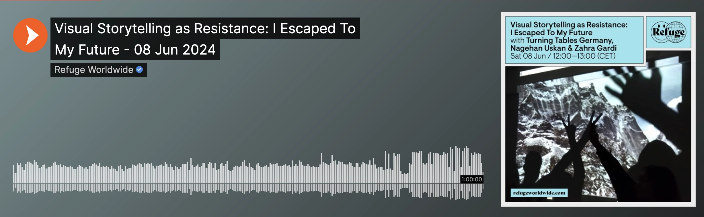 A screenshot of a SoundCloud audio track titled "Visual Storytelling as Resistance: I Escaped To My Future - 08 Jun 2024" by Refuge Worldwide. The track is one hour long, as indicated by a timestamp on the audio waveform at the bottom of the image. The audio waveform shows the sound intensity throughout the track. On the right side, there is a smaller image within the screenshot, featuring promotional content for the event. It shows a blurred background with hands raised in front of a projected image. The text in this section reads: "Visual Storytelling as Resistance: I Escaped To My Future with Turning Tables Germany, Nagehan Uskan & Zahra Gardi, Sat 08 Jun / 12:00-13:00 (CET)." The Refuge Worldwide logo is displayed in the top right corner.