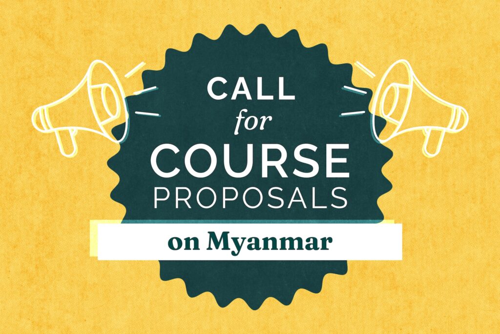 A job advertisement with a yellow background featuring two megaphones and a dark green badge in the center. The text reads, "Call for course proposals on Myanmar" in a mix of white and dark green fonts.