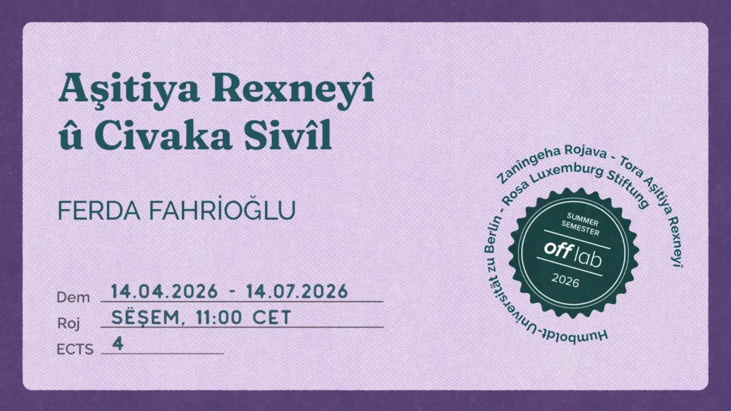 Promotional graphic for the course “Critical Peace and Civil Society” by Ferda Fahrioğlu in Kirmanji.