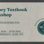 Promotional graphic for the course “History Textbook Workshop” by Anna Adashinskaya, with details: 18 Feb–20 May 2026, Wednesdays at 16:00 CET, 3 ECTS, and a Summer Semester 2026 Off University off-course badge in collaboration with the University of Zurich and the University of New Europe.