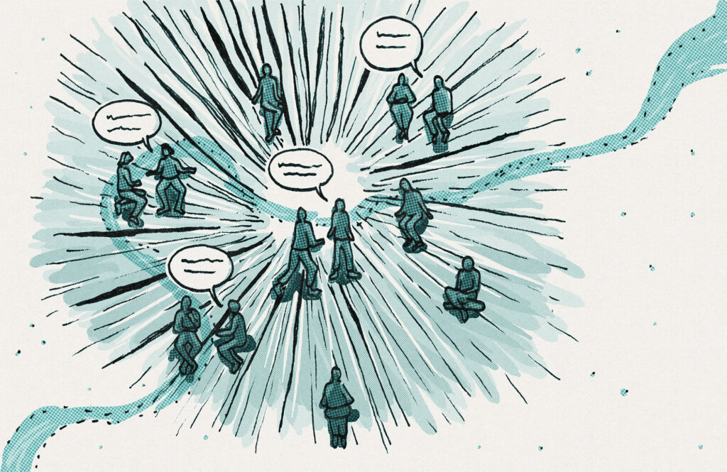 Illustration of people connecting through conversation, with flowing teal paths and radiating sketch lines on a textured background.