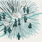 Illustration of people connecting through conversation, with flowing teal paths and radiating sketch lines on a textured background.